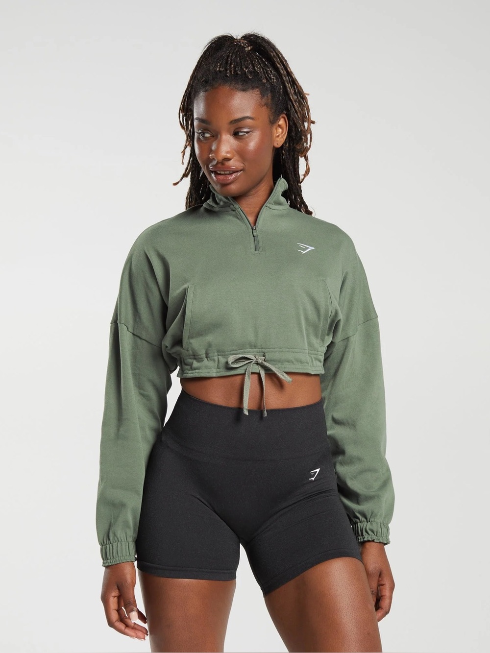 Gymshark Green Cropped Half-Zip Drawstring Top